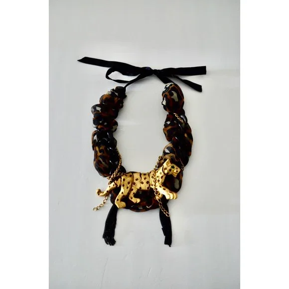 Articulated Leopard Pendant Necklace Scarf Black Acrylic Link Chain and Tassels